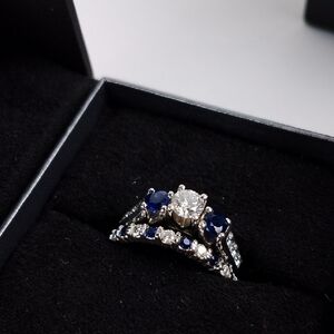 Elegant 14K White Gold and Blue Sapphires And Diamond Ring